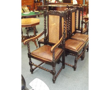 Set of six oak Jacobean style high-back dining chairs, barley twist and bobbin turned supports and stretchers, bergere backs 