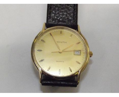 Zenith gents wrist watch 9ct gold case quartz movement leather strap 