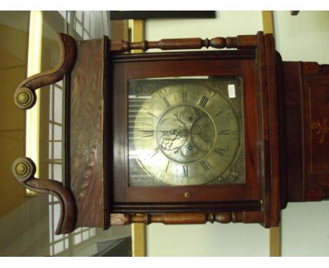 Brass faced longcase clock , in inlaid mahogany case , signed Joseph Schofield Rochdale , calendar aperture engraved dial wit