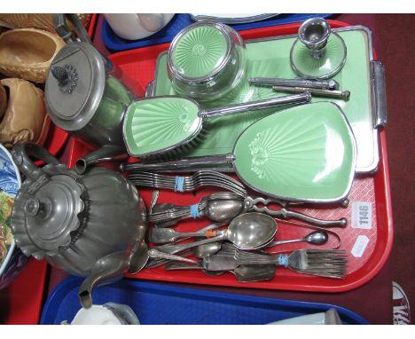 A 1930's Dressing Table Set, with green engine turned and chrome decoration, two EPBM tea pots of classical and bag form, loo