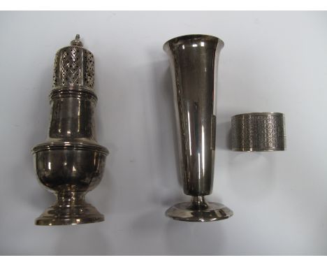 A Hallmarked Silver Sugar Caster, of plain design with pierced top; together with a hallmarked silver vase and an engine turn