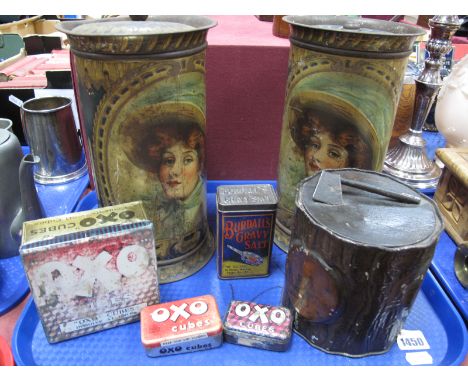 A Pair of XIX Century Painted Tin Tea Caddies, of cylinder form with painted ladies heads, McFarlane Lang &amp; Co  Ltd biscu