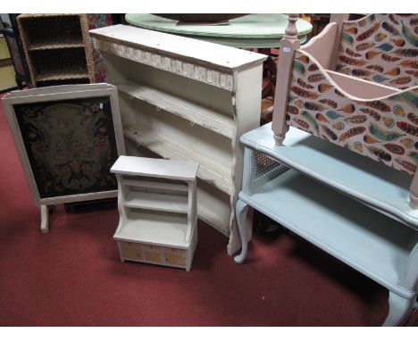 A Painted Delft Rack, magazine rack, table, fire screen, mini dresser, rattan shelf tidy. (6)