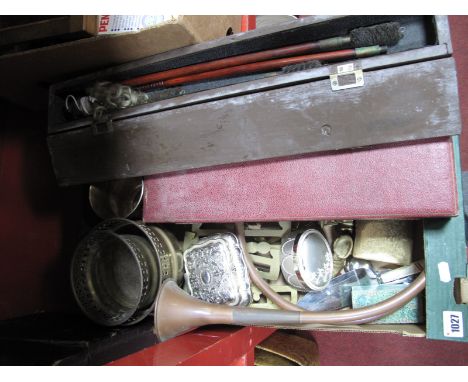 Cased Gun Cleaning Kit, horse brasses, Victorian copper tankard, hardwood box and cover, copper horn, trinket boxes, etc,