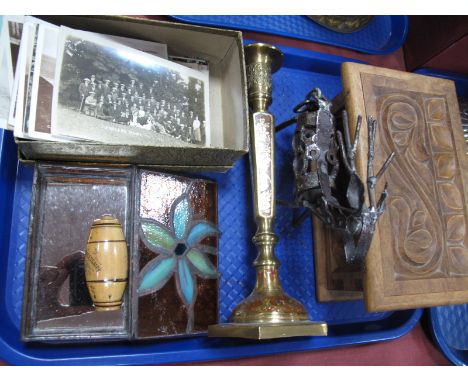 The Voyage Sewing Necessair, turned wooden thread and needle holder (lacking thimble), a small collection of early to mid XX 