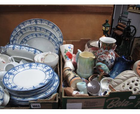 Edwardian Part Dinner Service, blue and white transfer print of classical swags, tea wares, novelty owl lamp vases, musical n