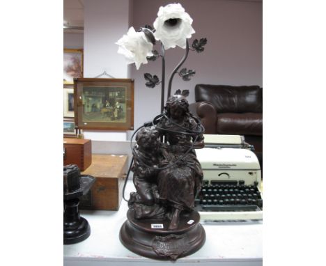 A Reproduction Figural Table Lamp, with seated girl holding a bird with boy kneeling beside, socle moulded 'Confidence', twin