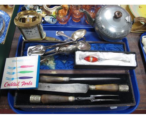 Horn Handled Carving Set, Mappin &amp; Webb carriage clock, (two glass panels absent, paper knives, teapot, etc:- One Tray