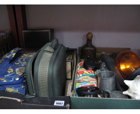 Vintage Beer Mats, sea shell, bobbin rack, pewter tankards, jewellery drawers, slide rule, etc:- Two Boxes