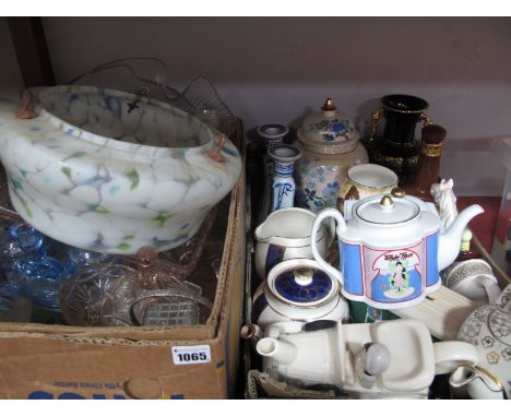 Novelty Teapots, Ringtons Coronation teapot and jug, jar and cover, vases, marbled light shade and other glassware:- Two Boxe