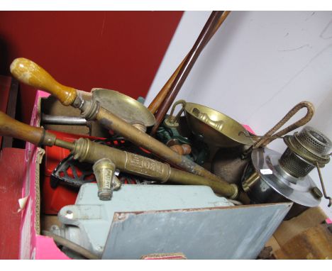 Oil Lamp, scales and weights, garden syringes, cowbell, Cheshire Lines Rly reproduction sign, trivet stand, etc:- One Box and