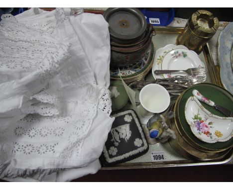 Royal Crown Derby Jam Dish and Knife (boxed), early Victorian baby's cotton gowns, jasper trinket boxes, Chinese terracotta t