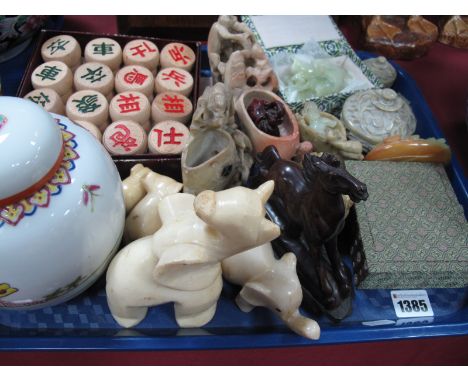 Carved Soapstone Trinket Pots, posy vases, jadeite animals, seal, rearing horse, elephants, pottery ginger jar and cover, etc