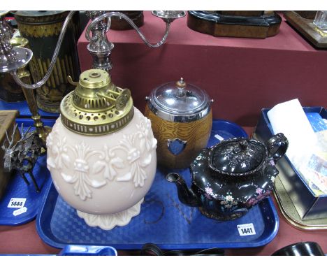 An Electroplated Three Branch Candelabra, oak and chrome biscuit barrel, swing handle, Jackfield type teapot and a pint mould