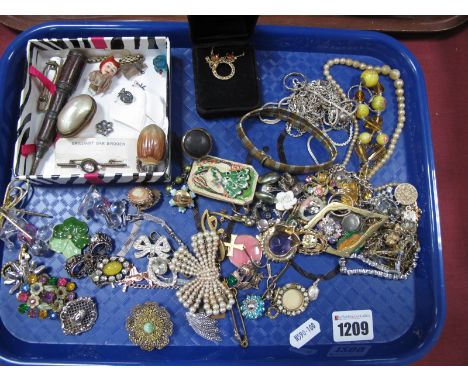 A Mixed Lot of Assorted Costume Jewellery, brooches, etc; together with a shell box, a novelty nut bottle, a fish games marke