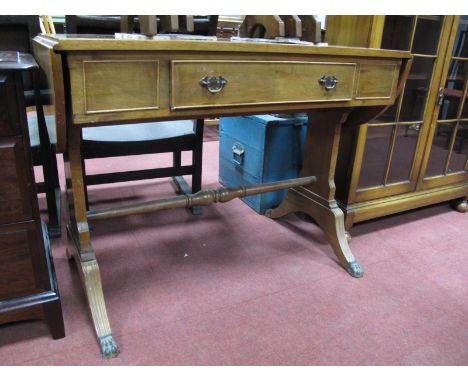 Walnut Sofa Table, with 'D' ended fall flaps, single and faux drawers, on shaped supports.