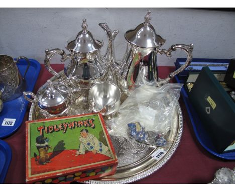 Four Piece Plated Tea Service, on butler cavalier tray, silver lodge medal, three others, micromosaic brooch, tiddlywinks by 