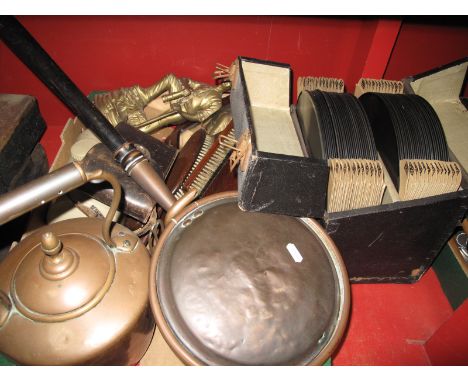 A XIX Century Copper Kettle, XIX Century copper warming pan, bellows, bed warmer, barometer, brass figure of a coal miner, Ko