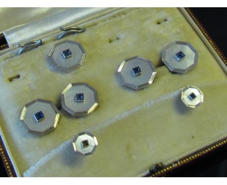 Two part sets of cufflink's and studs including 9ct white gold mother-of-pearl and sapphire, 8.7g and a silver mother-of-pear