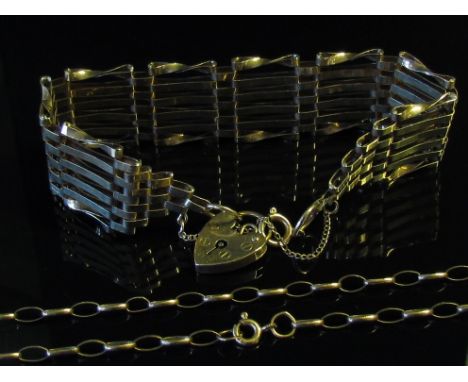 A 9ct gold gate bracelet with padlock clasp and a 9ct gold chain, 17.2g