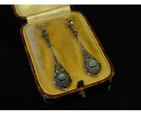 A pair of Art Deco jade and marcasite drop earrings, silver with gold wires, unmarked, 4.5cm drop
