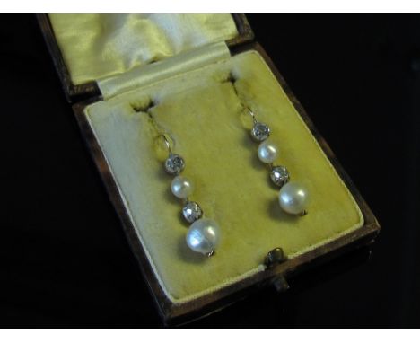 A pair of Edwardian diamond and graduated natural pearl drop earrings, 2.5cm drop