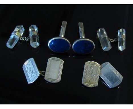 Two pairs of silver cufflinks and with lapis lazuli and rock crystal