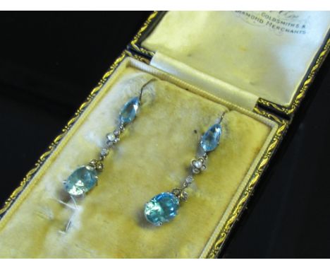 A pair of Edwardian aqua coloured, pearl and diamond floral drop earrings, 3.5cm drop, in fitted case