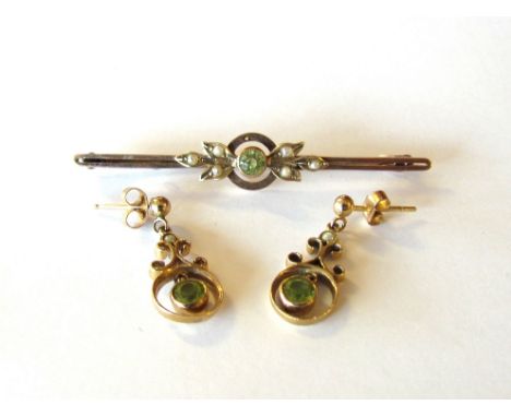 A pair of peridot and seed pearl drop earrings, 2g and a peridot and seed pearl bar brooch, 2.2g
