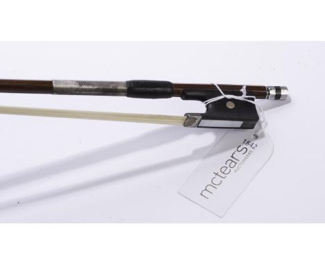 FINE GERMAN NICKEL SILVER MOUNTED VIOLA BOW
of the Bausch School, circa 1900, unstamped, the stick of octagonal form, the ebo