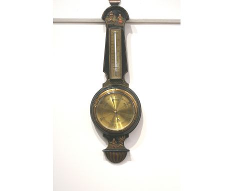 A 20th Century chinoiserie decorated banjo shaped barometer/thermometer, retailed by Fraser of Ipswich, 46cm