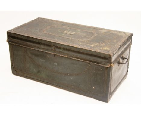 A 19th Century leather brass mounted and studded travelling trunk, the lid with a plaque painted "Mrs J M Billing", flanked b