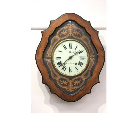 A 19th Century walnut, ebonised and inlaid vineyard clock, with circular white enamel dial inscribed "J. Doin Lons-le-Saunier