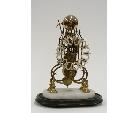 A brass skeleton clock, with single fusee movement, raised on ebonised plinths under glass dome, 43cm high overall 