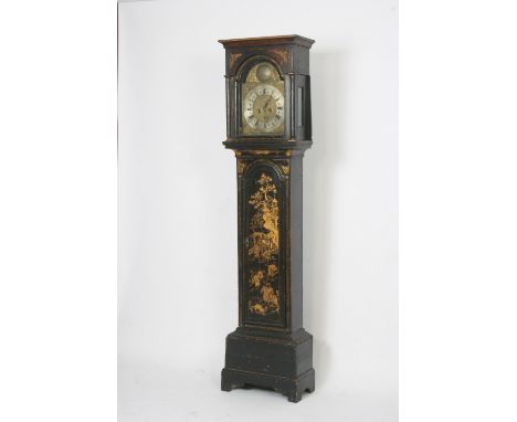 A Georgian black lacquer and chinoiserie decorated long case clock, by Stewart Watts of Boston, the arched brass spandrilled 