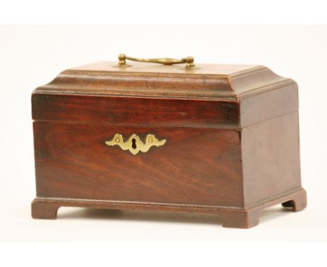 A Georgian mahogany tea caddy, fitted three metal canisters, brass carrying handle and escutcheon, raised on bracket feet, 21