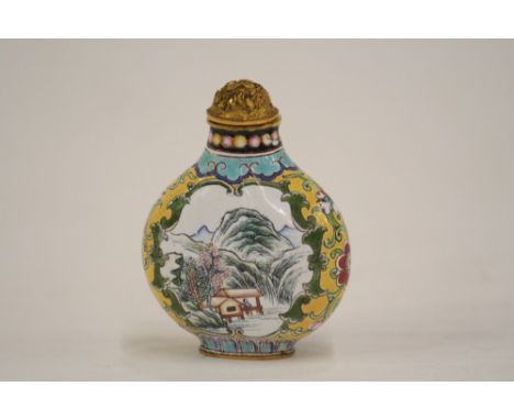 A Chinese Canton enamel and gilt decorated copper snuff bottle and stopper, finely painted with figures in a landscape, blue 