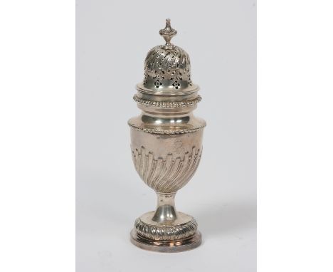 A large Victorian silver sugar caster, of baluster fluted form, the domed lid surmounted by a finial raised on a stepped circ