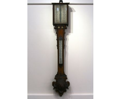 A Victorian carved oak barometer, by E.G. Wood, Cheapside, London, 99cm