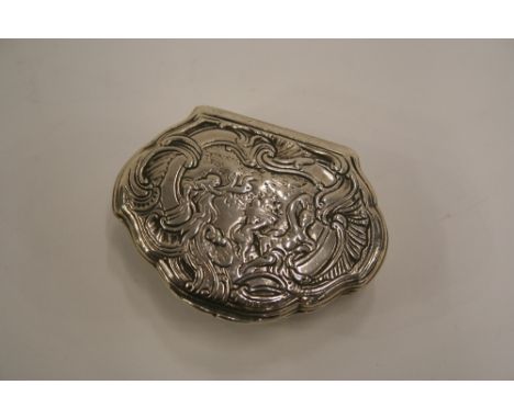 A continental white metal snuff box, of cartouche shape, decorated with cherubs and foliage, 6cm long