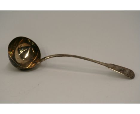 A George III silver 'fiddle' patterned soup ladle, bearing family crest, London 1818, 33.5cm long, 8oz 