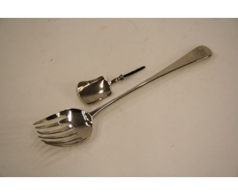 A George III silver serving fork; and a Victorian silver caddy spoon, AF, (2)