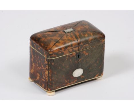 An early 19th Century tortoiseshell and ivory tea caddy, of rectangular form, having white metal cartouche, raised on bun fee