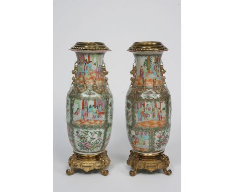 A pair of Cantonese baluster vases, converted to lamp bases, with ormolu mounts, 58cm high - see illustration