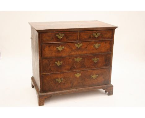 An 18th Century burr walnut and herringbone cross-banded chest, of two short and three long graduated drawers, fitted brass d