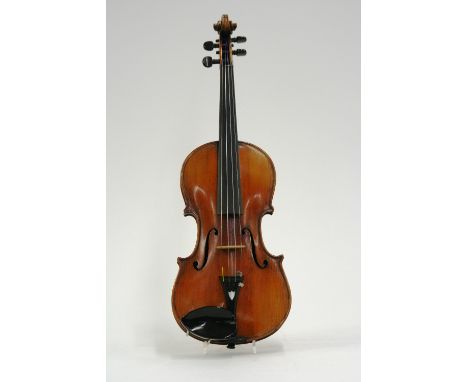 A German violin, circa 1880-1910, having two piece back, length of body 35.5cm; together with a violin bow braided with octag