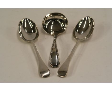 A pair of late Victorian Old English pattern silver tablespoons, London 1898; and a George V silver Old English pattern sauce