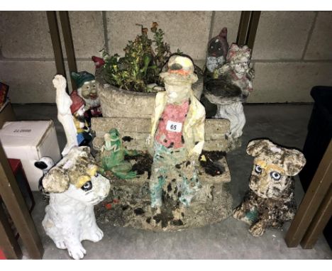 A quantity of concrete garden ornaments including gnomes, planter etc.