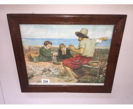 A framed and glazed print of fisherman with children