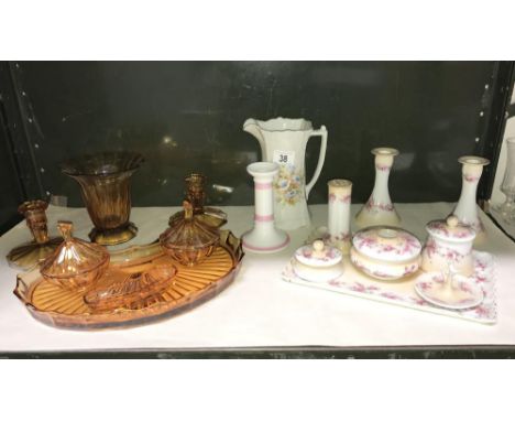A 1930's amber glass trinket set and 1 other